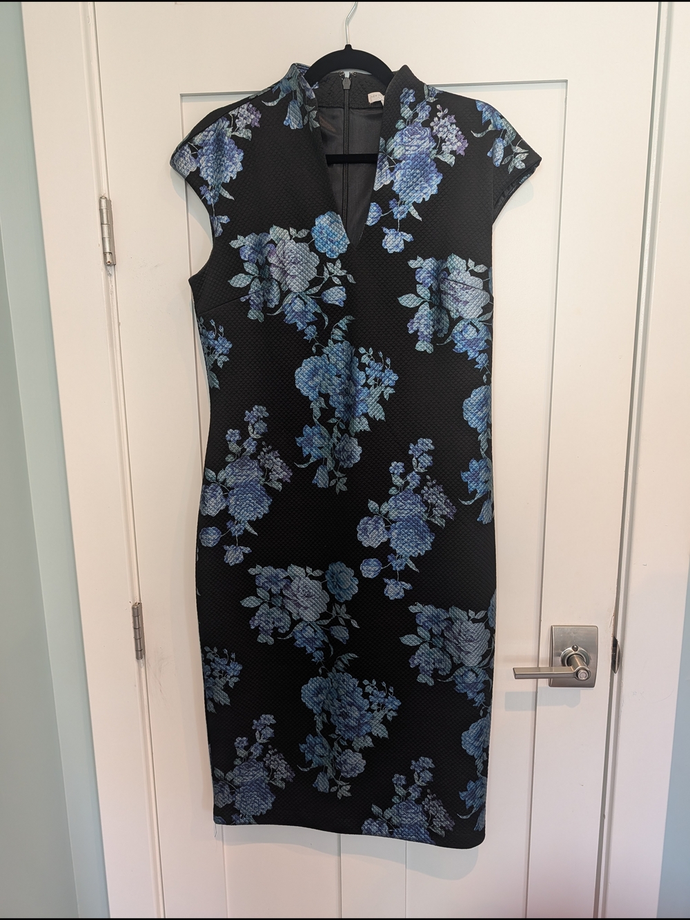 Black Sheath Dress with Blue Floral Print, Notched V-Neck